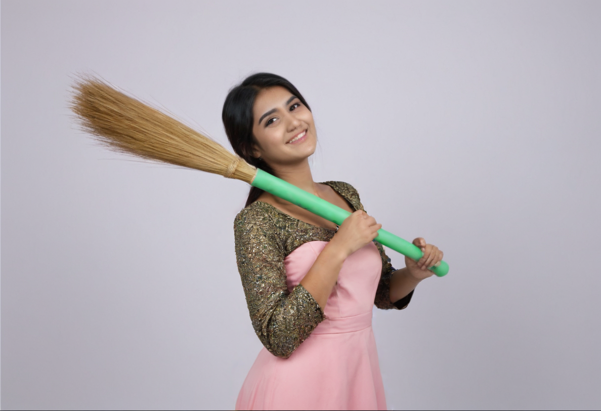 Young asian woman of indian origin with a sweeping broom - Top 10 Best Brooms in India