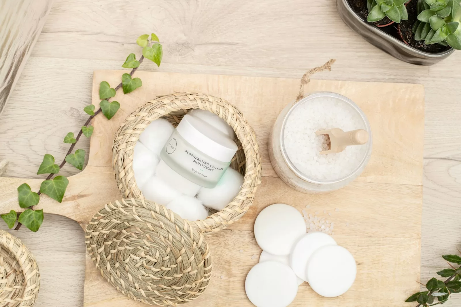 white round plastic container on brown woven basket