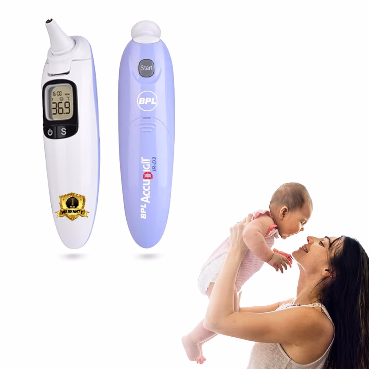 Best baby thermometer in India: BPL Accudigit IR-D2 non-contact infrared thermometer, front view with digital screen and back view with start button