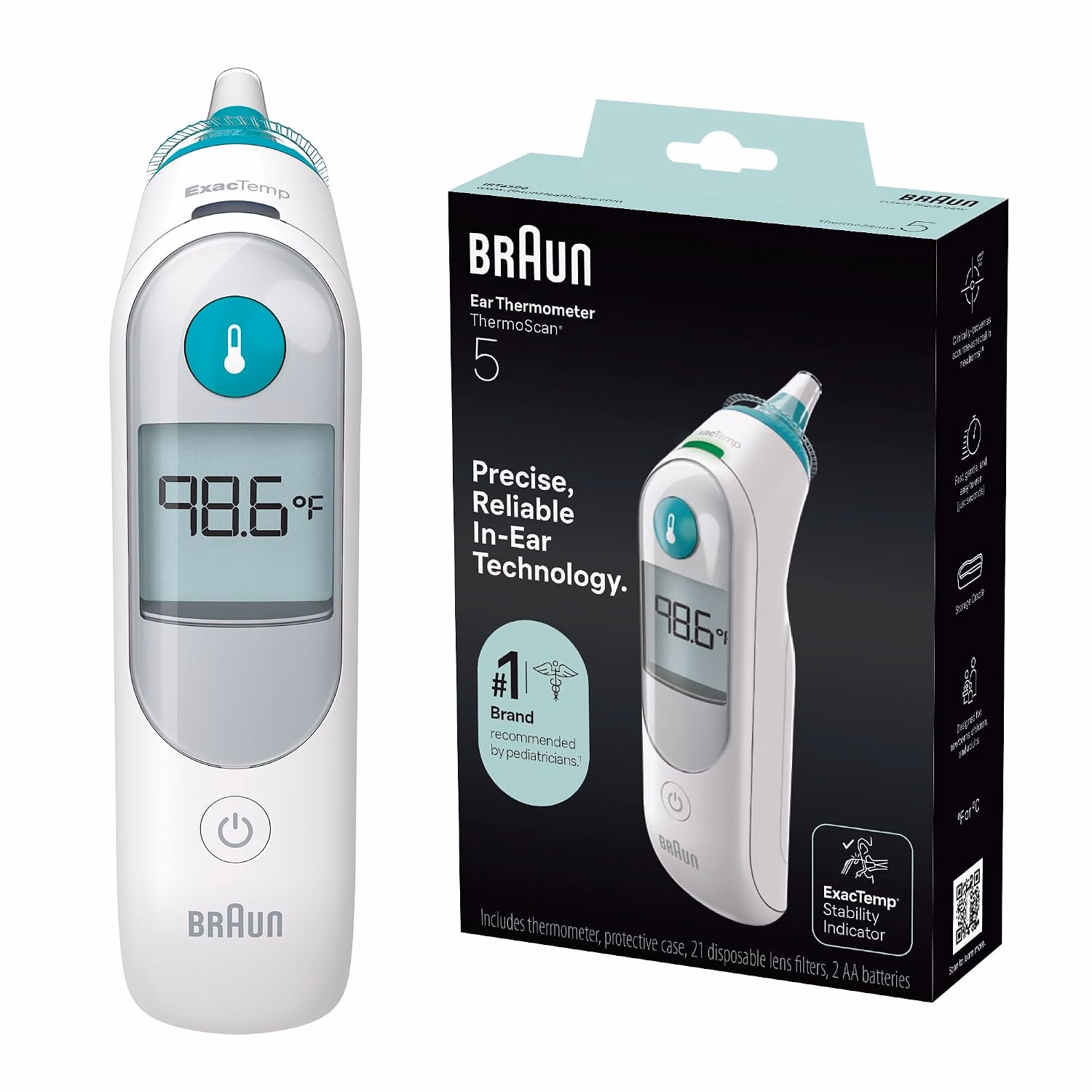 Best baby thermometer in India: Braun ThermoScan 5 white ear thermometer with teal power button and digital display, shown beside its retail box