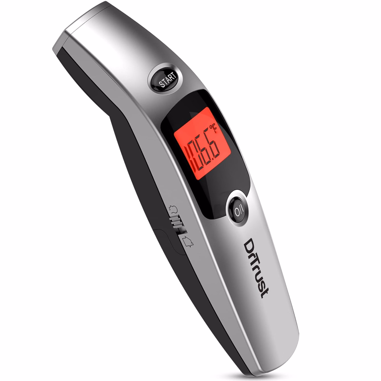 Best baby thermometer in India: Dr Trust 603 silver forehead infrared thermometer with backlit LCD display, start button and handle grip