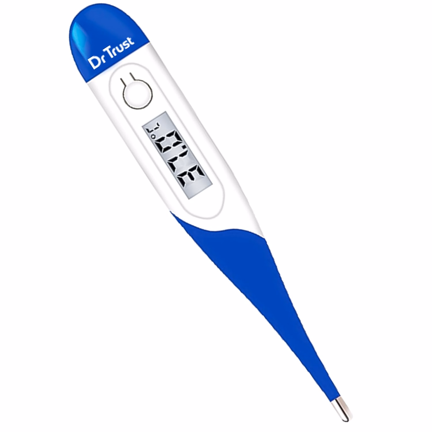 Best baby thermometer in India: Dr Trust 604 digital thermometer with white body, blue cap, LCD display and a flexible probe tip