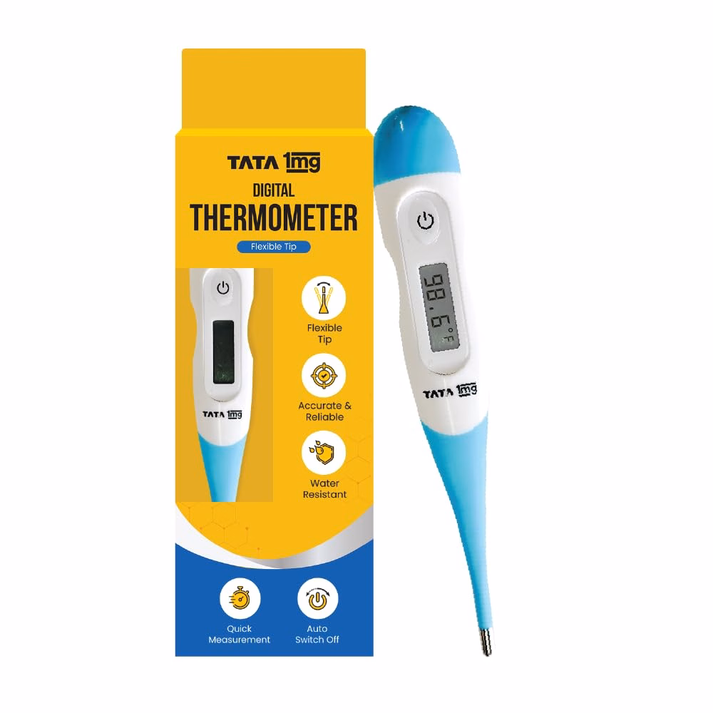 Best baby thermometer in India: Tata 1mg flexible tip digital thermometer in white and teal, shown beside its yellow and blue box